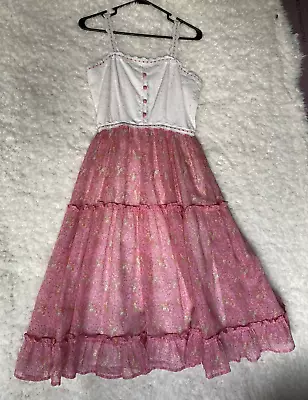 Vintage Dress 7 Nadine Pink & White Floral Eyelet Lace Tiered Cottage Prairie • $30