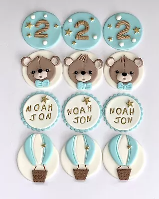 Teddy Bear And Balloon Edible Handmade Birthday Christening 12 Cupcakes Topper • £27.99