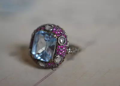 RARE Antique Victorian Gold Dome Ring Ruby Diamond And Acquamarine 4.8 Gr • $850