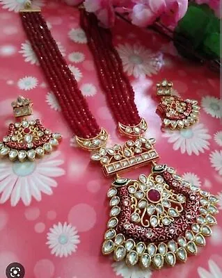 $32.73 • Buy Indian Bridle Jewelry 22K Gold Pearl CZ Long Necklace Earring Bollywood Set
