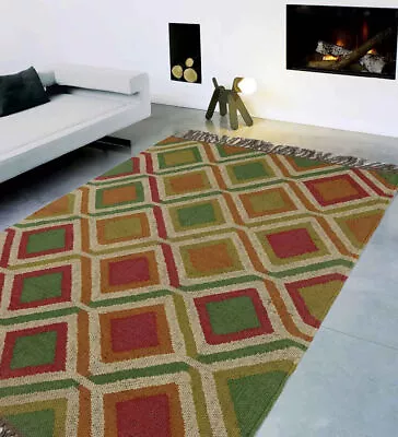 Rug Indian Wool Jute Kilim Handwoven Rectangle Designer Colorful Boho Area Rug • $117.28