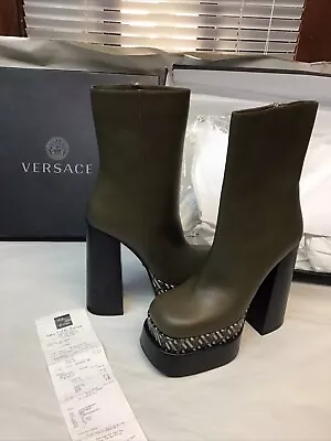 Versace Intrico Olive Green 1001783 Platform Boots Size 41 / 10.5 US • $420