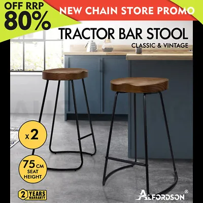 $144.85 • Buy ALFORDSON 2x Bar Stools 75cm Tractor Kitchen Wooden Vintage Chair Dark