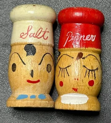 Vintage Wooden Little Chefs Salt And Pepper Shaker Set W/ Stoppers GC • $8.95