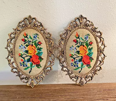 Two Vintage Oval Floral Needlepoint Completed And Framed No Glass • $45