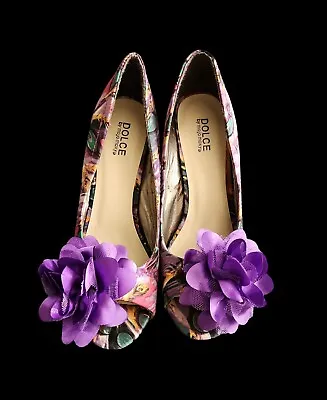 Dolce By Mojo Moxy Open Toe Multi Colored Purple Flower Peacock Stilett SZ 10M • $42