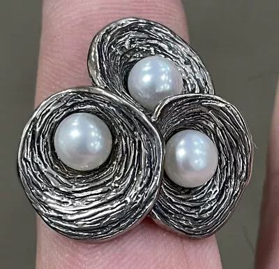 Hagit Gorali Israel Large Sterling Silver Fresh Water Pearl Textured Ring • $159.99