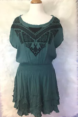 Urban Outfitters Green Teal Ecote Embroidered Top Tiered Gauze Dress Size Small • $14.99