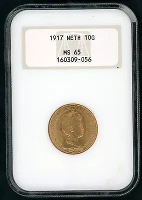 Netherlands 10 Gulden 1917 Queen Wilhelmina Gold Coin Ngc Ms 65   86 • $442