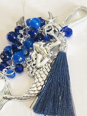 Sea Mermaid Blue Glass Beads Purse Tassel Backpack Keychain Charms Clip • $14.25