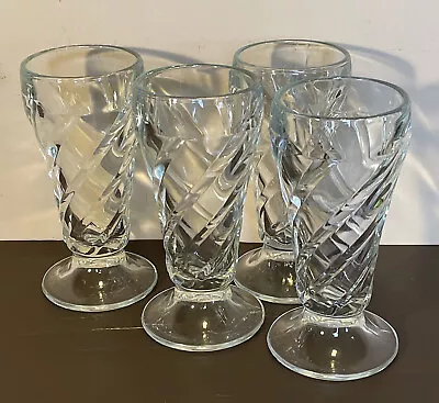 Lot Of (4) Glass Parfait Sundae Footed Tumbler Swirl Optic Pattern 6.25” H • $9