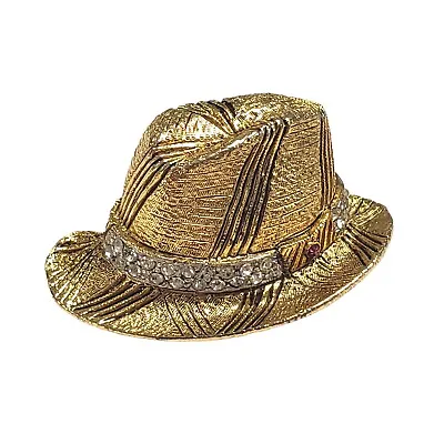 Vintage BSK Fedora Pin My Fair Lady Brooch Gold Tone Rhinestone Hat Band Signed • $59.95
