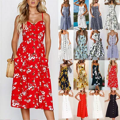 £11.19 • Buy BOHO Womens Strappy Sun Dresses Summer Beach Midi Dress Plus Size 6-20 Holiday