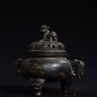 8  China Antique Qing Dynasty Bronze Lion Double Ear Three Foot Incense Burner • $209.99