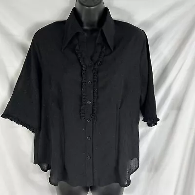 VTG Rubissa Women’s Blouse Top Size L  Black Sheer Button Up Short Sleeve Ruffle • $15