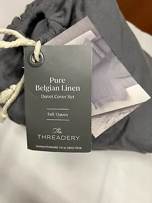The Threadery 3 Piece Queen Duvet Cover Set Pure Belgian Linen Gray Quiet Shade • $170