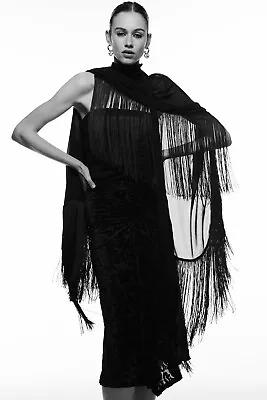 Zara Black Chiffon Cape With Fringing Tasselled Flowing Sheer Maxi Kimono Jacket • $3.69
