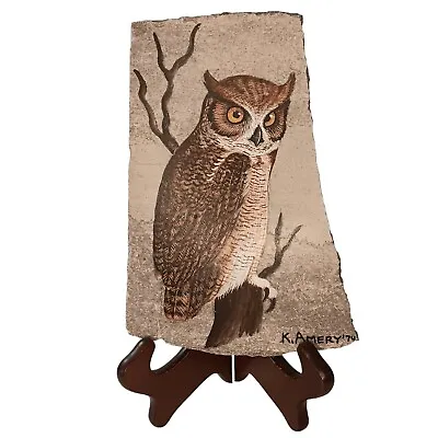 Owl Painting On Slate Handpainted Great Horned Owl Signed By Artist Vintage • $45