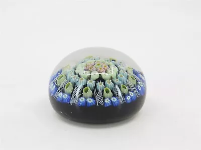 Vintage STRATHEARN Glass Paperweight Millefiori Blue Toned Flowers 2.5  Diameter • $56.99