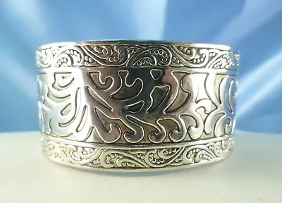 Vintage Silver Plate Cuff Bracelet Embossed WIDE Pretty W/ Scrolls • $21.60