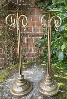 Vintage Lovely Pair 2x Tall Gilt Cast Metal Candle Candelabra Interior Design • £0.99