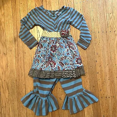 Mustard Pie 2 Piece Outfit 24M Blue Brown Stripes Floral Mixed Prints • $22.88