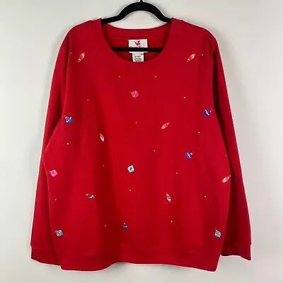 Quacker Factory Ornament Embellished Crew Neck Sweatshirt Womens XL Red Holiday • $16.95