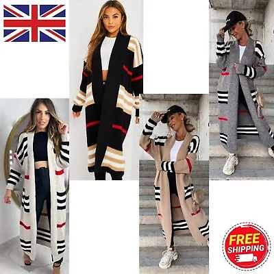 £18.99 • Buy Ladies Warm Winter Striped Knitted Longline Cardigan Open Front Grandad Maxi Uk