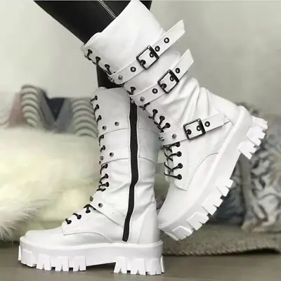 Womens Gothic Boots Lace Up Zip Platform Chunk Heel Mid Calf Boots Punk Shoes • $43.82