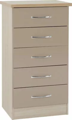 Nevada 5 Drawer Narrow Chest Of Drawers Oyster Gloss And Oak Effect Veneer • £98.99