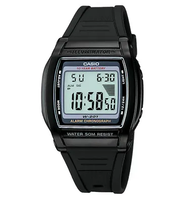 Casio W201-1AV 10 Year BatteryChronograph Watch Black ResinAlarmIlluminator • $21.88