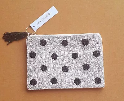 NEW : ACCESSORIZE Cream Beaded Black Polka Dot Make Up Bag With Tassle And Zip • £4.99