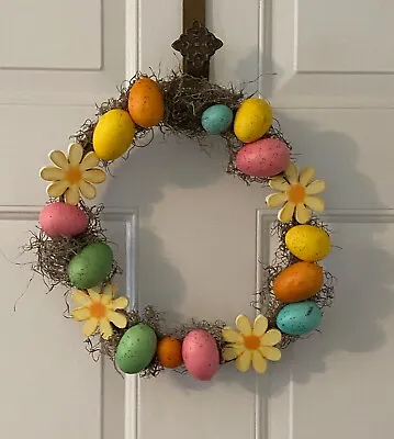 Handcrafted Easter Spring Deco Wreath Speckled Egg Moss Wooden Daisies • $15