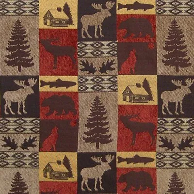 Upholstery Fabric Fairbanks Red Lodge Cabin Rustic Fish Bear Moose Trees • $32.95