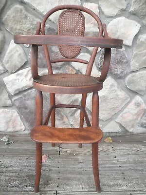 Vintage Primitive Wooden Bentwood High Chair Cane Seat Rattan Baby Doll • $99.99