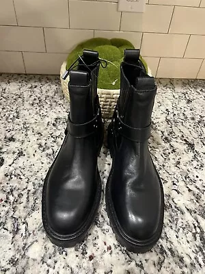 Zara Black 100% Leather Flat Biker Ankle Boots With Ring And Studs Size 40 • $39.99