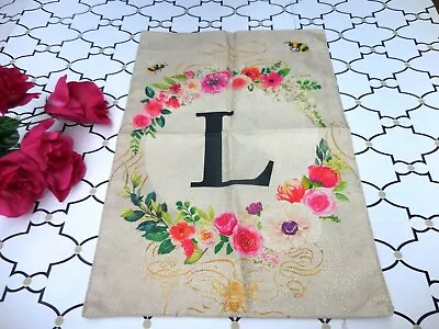  L MONOGRAM Alphabet  Linen GARDEN FLAG ~ FLORAL WREATH L ~ DOUBLE SIDED 12 X 18 • $7.96