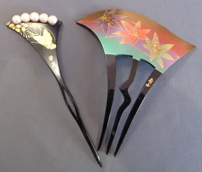 Vintage Hair Combs Large Plastic Hand Painted Faux Pearl Artist Signed Asian • $32.99
