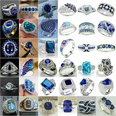 £3.04 • Buy Elegant Women 925 Silver Rings Blue Sapphire Wedding Engagement Jewelry Size6-10