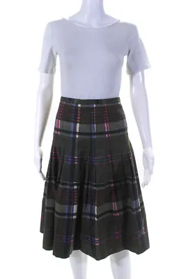 Akris Punto Womens Cotton Plaid Pleated Zip Up Midi Skirt Green Size 8 • $85.41