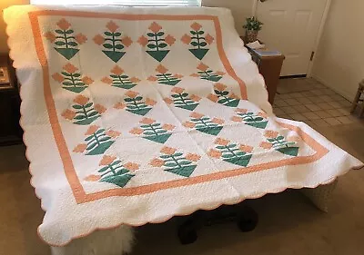 Vintage 1930's Flower Pot Tulip Applique Patchwork Hand Stitched Quilt 82  X 96  • $399