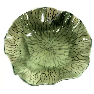 Ceramic Cabbage Leaf Bowl Modern 11  X 3  Green Glossy Glaze Artist Signed • $21.99