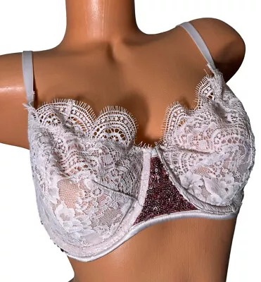 NWT Victorias Secret Dream Angels Unlined Pink Floral Lace Demi Bra Sequins 34DD • $11.96