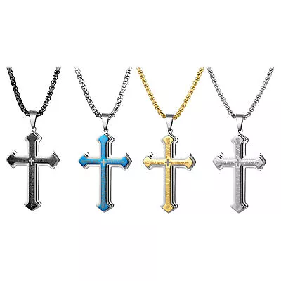Mens Double Layer Cross Bible Lord's Prayer Crucifix Stainless Steel Necklace • $12.99