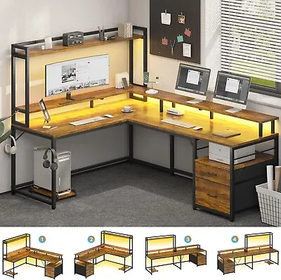 L Shaped Desk 94.4  Computer Desk With Hutch And Led Lights Home Office Desk • $169.97