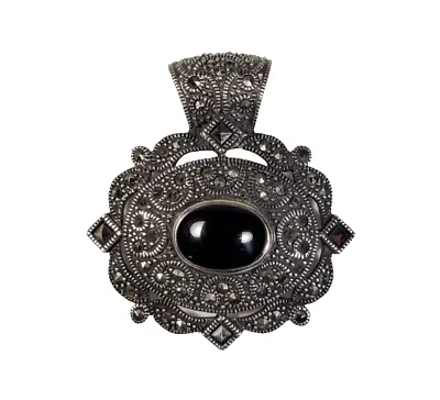 Vintage Sterling Silver Marcasite Pendant With Onyx Cabochon .925 • $27.95