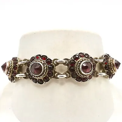 Victorian Sterling Silver Bohemian Garnet Flower Link Bracelet • $274.55