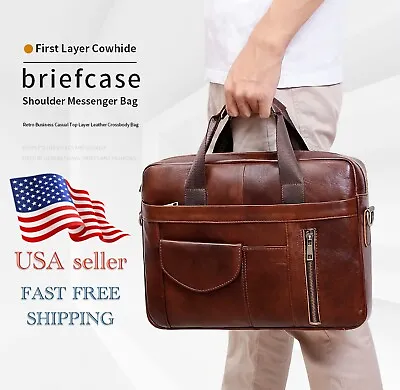 Genuine First Cowhide Leather Men's Briefcase Shoulder Messenger Laptop Bag • $49.90