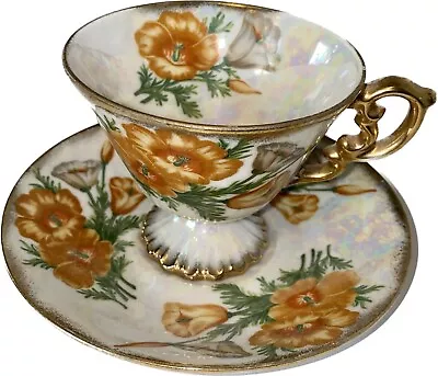 Ucagco Japan August Poppy Lusterwear Floral Footed Tea Cup And Saucer Set 1950s • $24.95