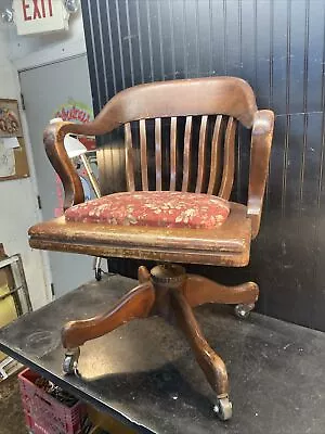 Antique Oak Wood Swivel Office Bankers Chair Padded 1940s  Western Decor Chair • $337.50